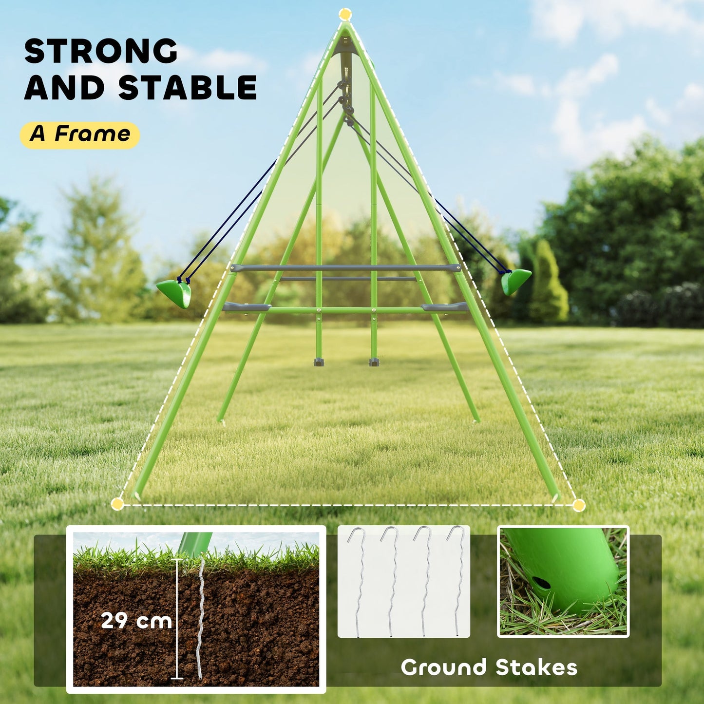 Outsunny Metal Garden Swing Set Height Adjustable Children Outdoor Backyard Play Set for Toddlers Over 3 Years Old, Green