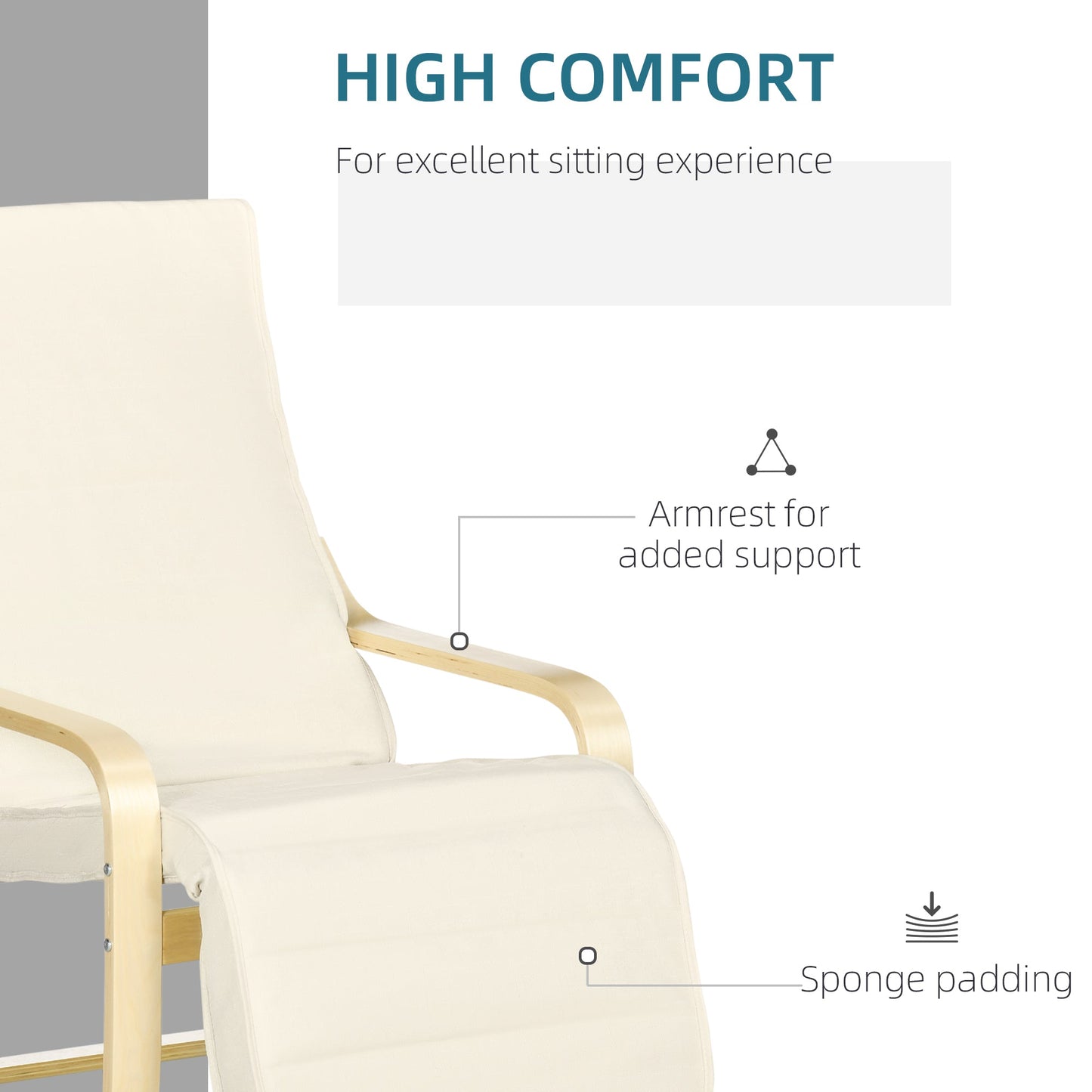 HOMCOM Wooden Armchair, Upholstered Linen Lounge Chair with Adjustable Footrest & Removable Cushion, Poang Chair for Living Room, Cream White