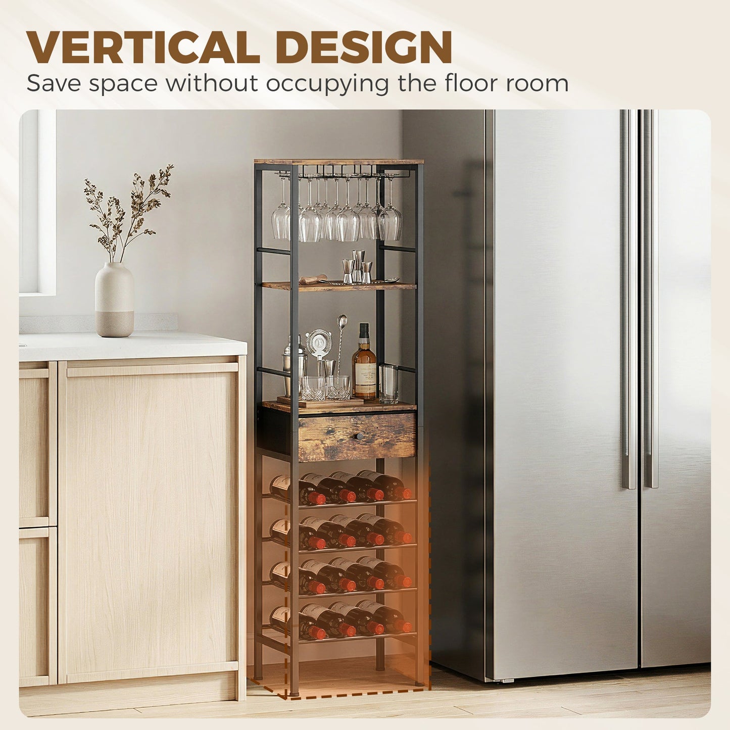 HOMCOM Industrial Wine Bar Cabinet Freestanding Liquor Cabinet 16-Bottle Wine Rack Glass Holder Rustic Brown