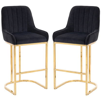 HOMCOM Bar Stools Set of 2 with Backrest, Footrest, Gold Electroplated Legs for Kitchen Island, Dining Room, Black
