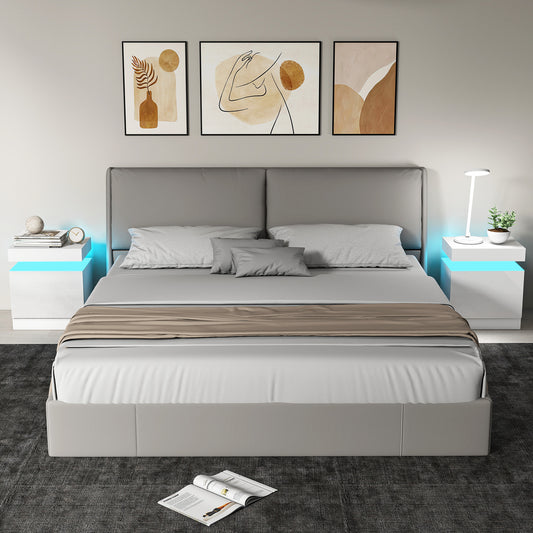 HOMCOM White Bedside Table with LED Light, High Gloss Front Nightstand with 2 Drawers, for Living Room, Bedroom, Set of 2