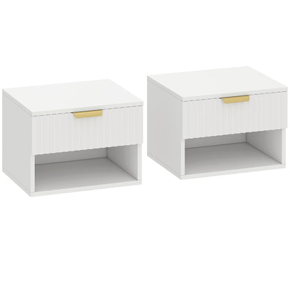 HOMCOM Floating Nightstands Set of 2, Modern Wall Mounted Bedside Tables with Fluted Drawer and Open Shelf for Bedroom, White
