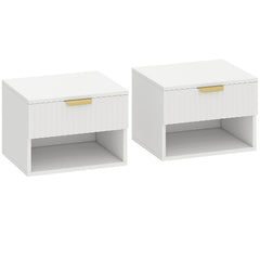 HOMCOM Floating Nightstands Set of 2, Modern Wall Mounted Bedside Tables with Fluted Drawer and Open Shelf for Bedroom, White