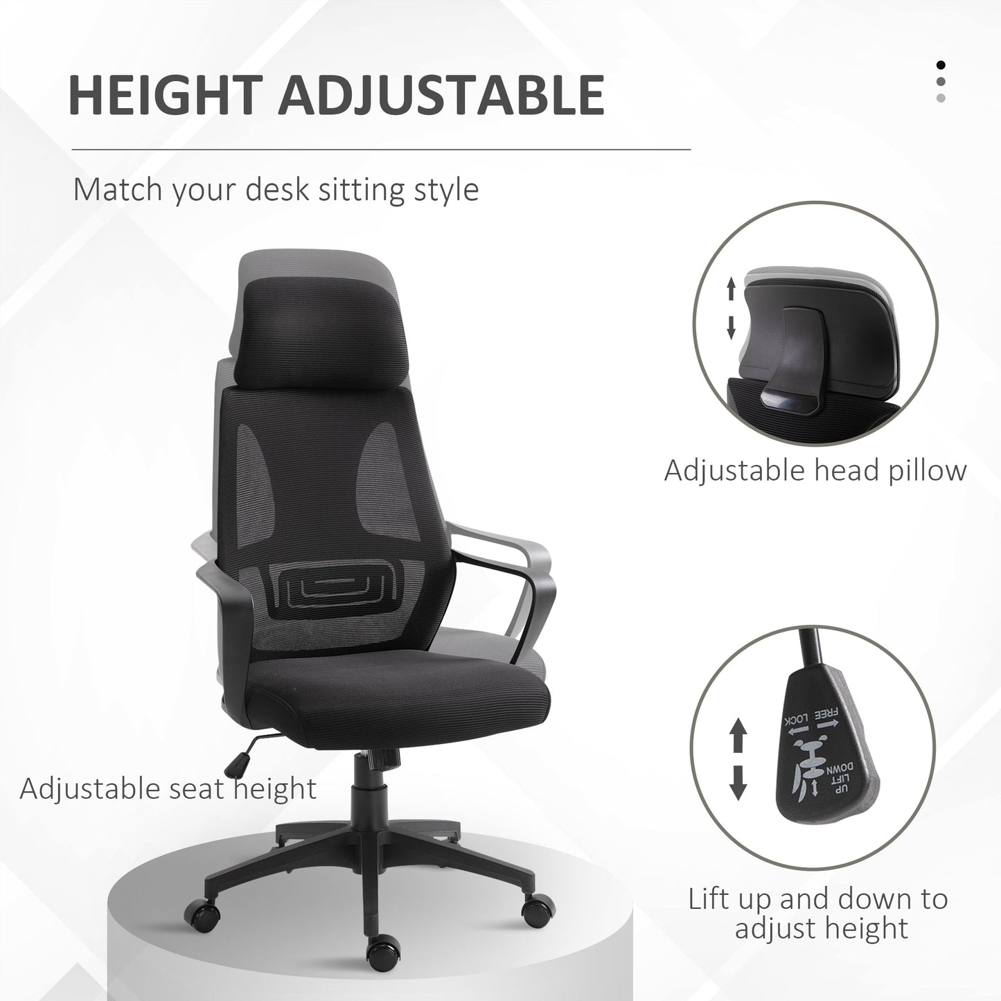 Vinsetto Ergonomic Office Chair, High Back Computer Chair, Mesh Desk Chair with Lumbar Support, Headrest, Wheel, Adjustable Height, Black