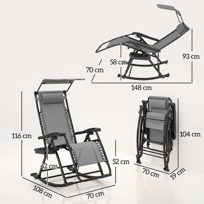Outsunny Garden Rocking Chair Folding Recliner Outdoor Adjustable Sun Lounger Rocker Zero-Gravity Seat with Headrest Side Holder Patio Deck - Grey