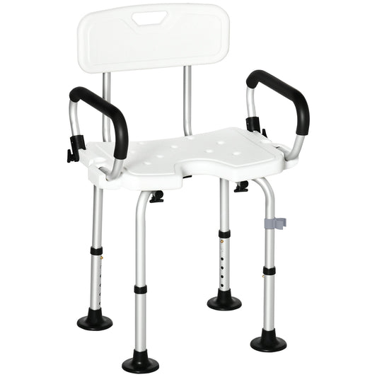 HOMCOM Shower Chair for the Elderly and Disabled, Height Adjustable Shower Stool with Back and Flipped Padded Arms, Suction Foot Pads, White