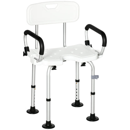 HOMCOM Shower Chair for the Elderly and Disabled, Height Adjustable Shower Stool with Back and Flipped Padded Arms, Suction Foot Pads, White