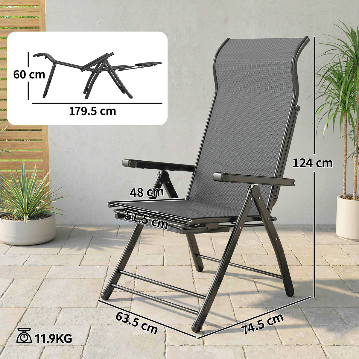 Outsunny Reclining Garden Chairs Set of 2, 5-Position Folding Sun Loungers with High Back, Retractable Footrest, Dark Grey