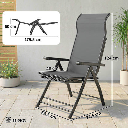 Outsunny Reclining Garden Chairs Set of 2, 5-Position Folding Sun Loungers with High Back, Retractable Footrest, Dark Grey