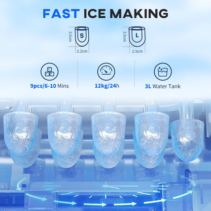 HOMCOM 3L Ice Maker Machine and Water Dispenser, 12kg in 24H, 2 Sizes 9 Ice Cubes Ready in 6-10 Mins Ice Machine, Silver