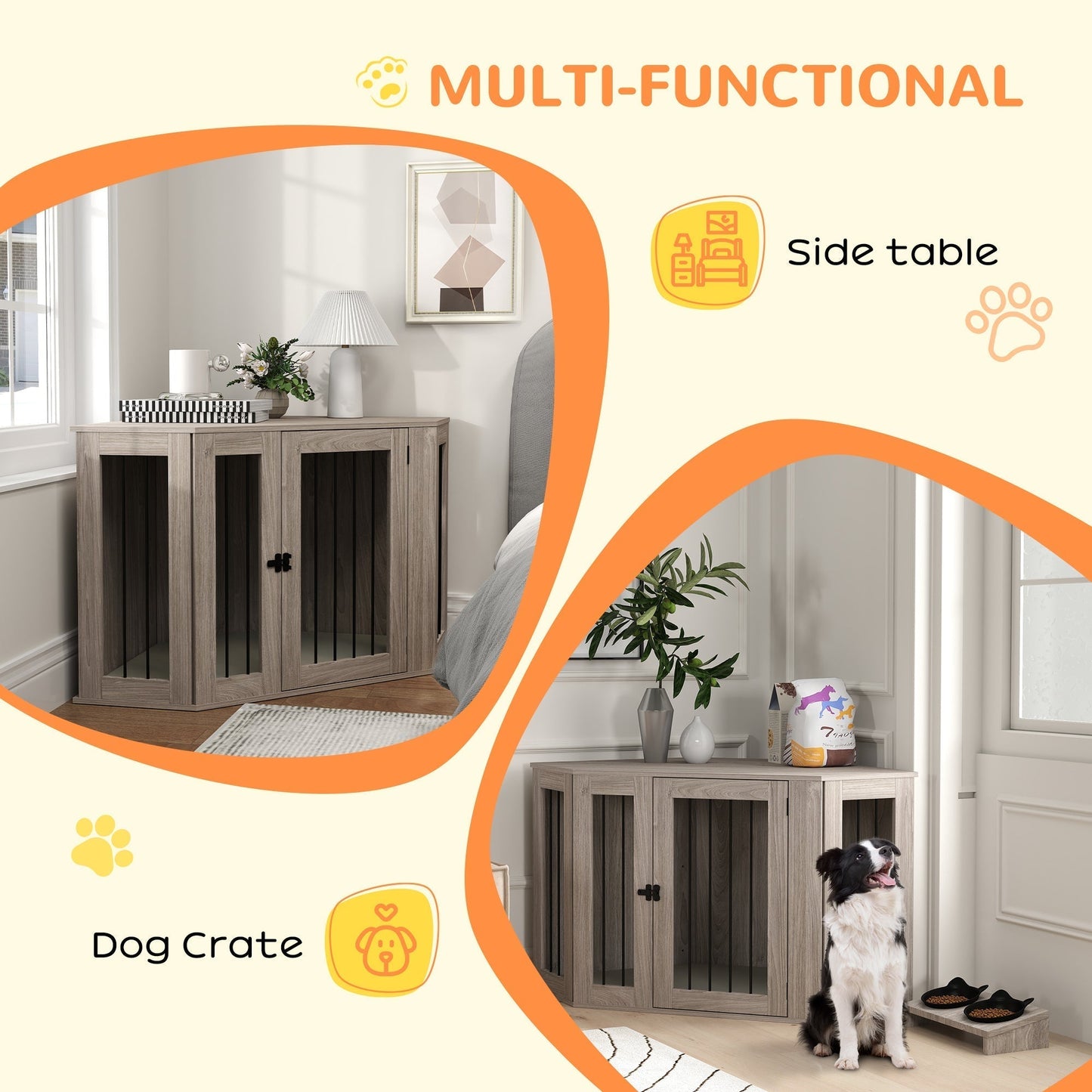 PawHut Dog Crate Furniture Side Table, with Cushion, 122 x 61 x 71cm - Walnut Brown