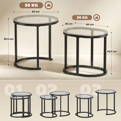 HOMCOM Nest of Tables with Steel Frame and Tempered Glass Tabletop, Modern Coffee Table Set of 2, Black