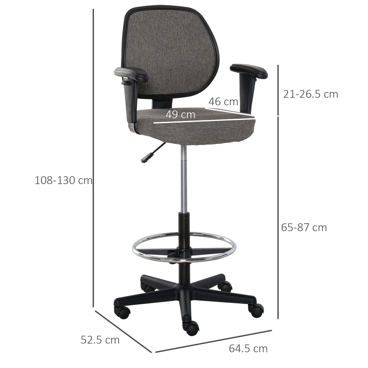 Vinsetto Ergonomic Drafting Chair Tall Office Stand Desk Chair with Foot Ring, Arm, 360° Swivel Wheels, Grey