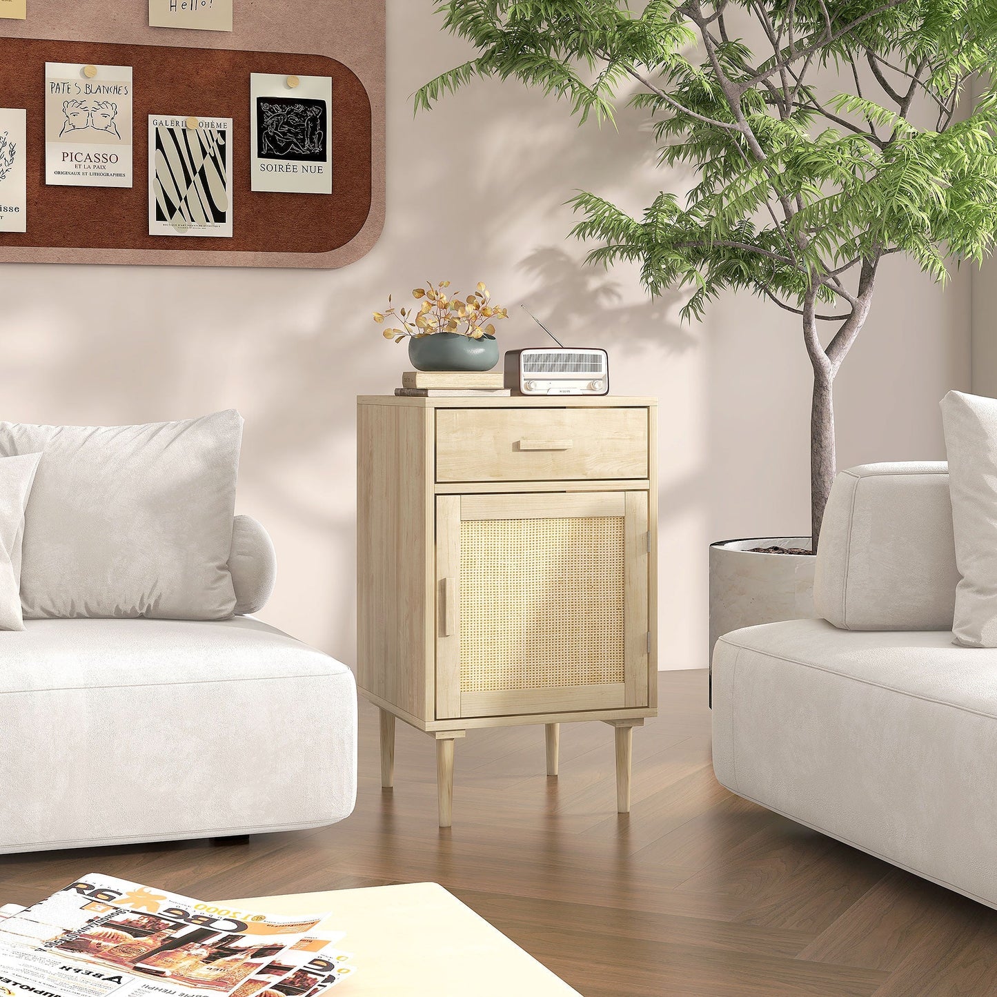 HOMCOM Bedside Table, Rattan Side Tables with Drawer, Cabinet and Adjustable Shelf, Boho Bedside Cabinet with Storage for Bedroom, Living Room, Natural Wood Effect