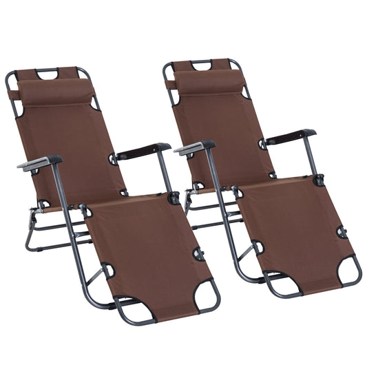 Outsunny 2 in 1 Folding Sun Lounger Reclining Garden Chair Set of 2 with 2-Level Adjustable Backrest, Outdoor Zero Gravity Recliner Garden Chairs with Head Pillow and Armrests, Brown