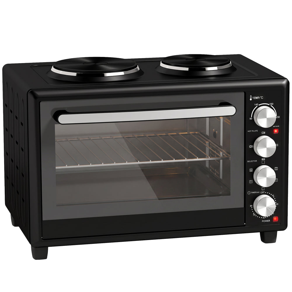 HOMCOM 46L Mini Oven with Dual Hot Plates, Electric Countertop Cooker with Convection, 90-230°C Adjustable Temperature