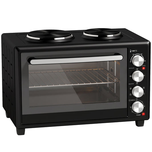 HOMCOM 46L Mini Oven with Dual Hot Plates, Electric Countertop Cooker with Convection, 90-230°C Adjustable Temperature