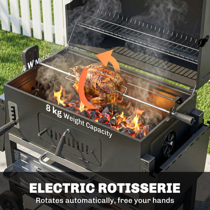 Outsunny Charcoal BBQ Grill Smoker with Electric Rotisserie Kit, Portable Barbecue Grill with Warming Rack, Black