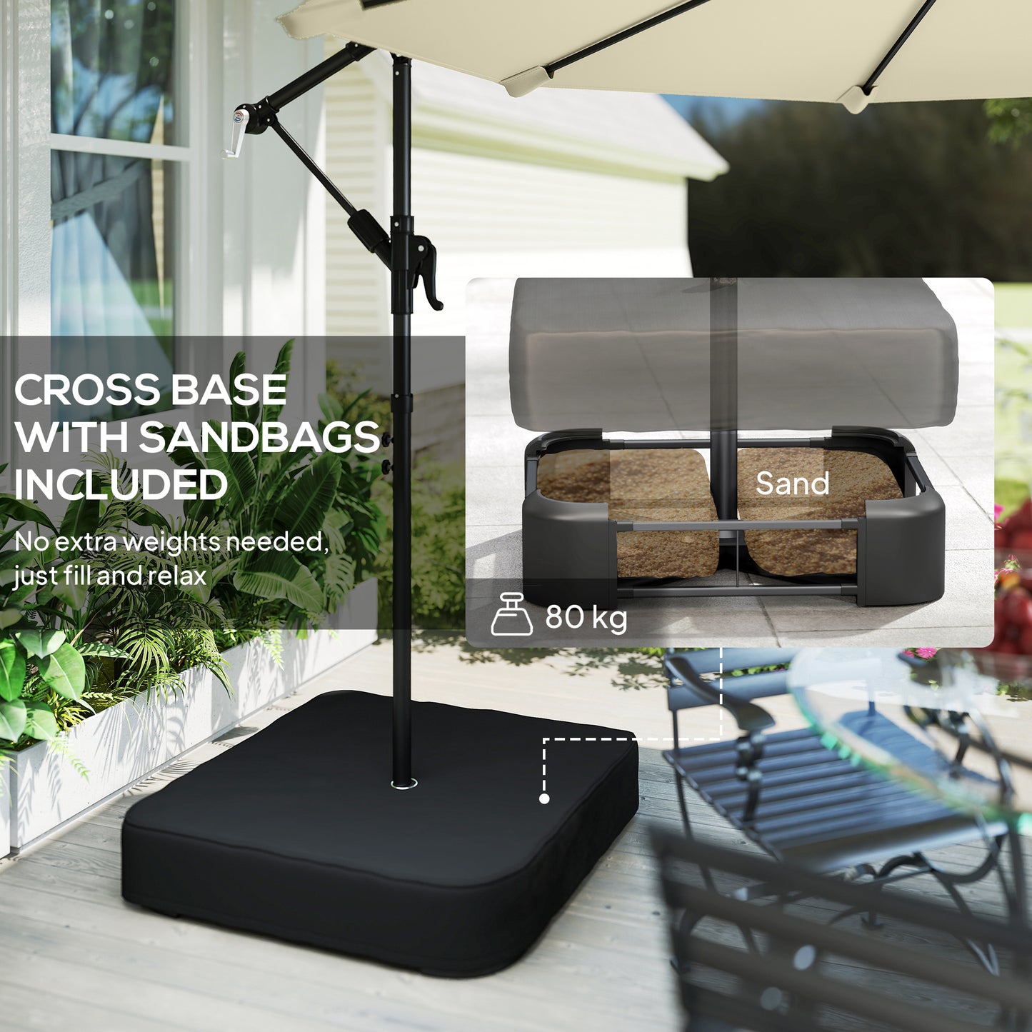 Outsunny 3 m Garden Cantilever Parasol with Cross Base, Sandbag, 360° Rotating Overhanging Banana Umbrella, Beige