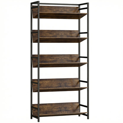 HOMCOM Bookshelf 5-Tier Metal Frame Room Divider Bookcase Storage Shelves for Living Room Rustic Brown