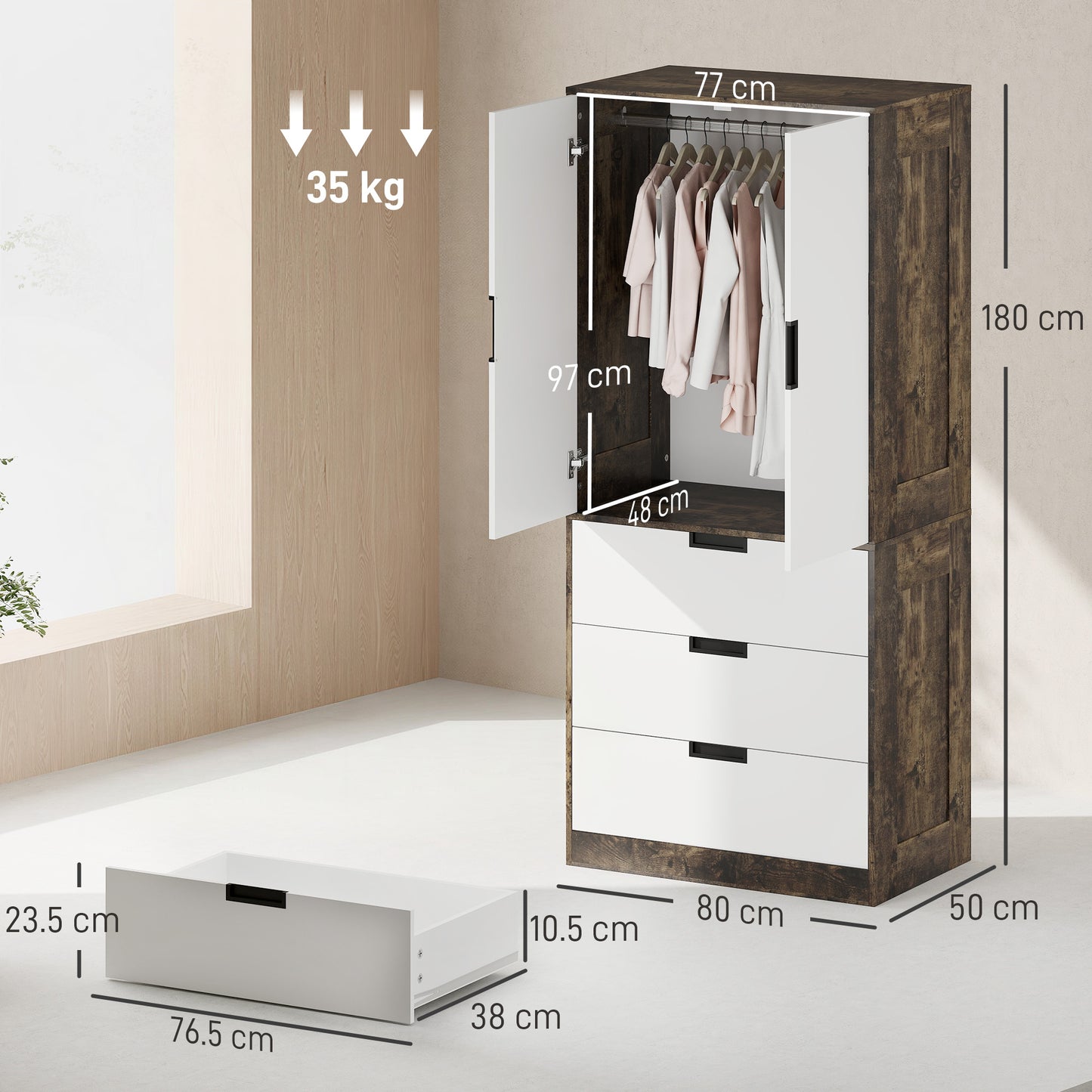 HOMCOM Modern Clothes Storage Cupboard Unit, 3 Drawer 2 Door Wardrobe with Hanging Rod, Rustic Brown