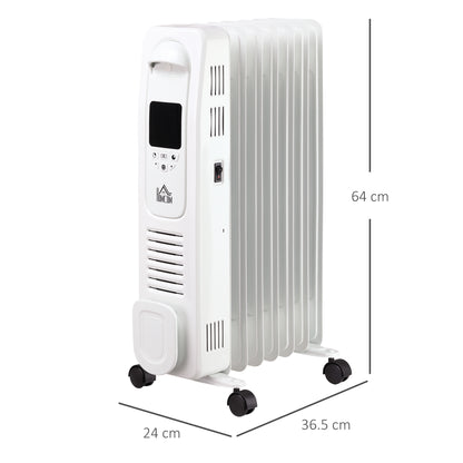HOMCOM 1500W Digital Oil Filled Radiator, 7 Fin, Portable Electric Heater with LED Display, 24-Hour Timer, 3 Heat Settings, Safety Cut-Off and Remote Control, White