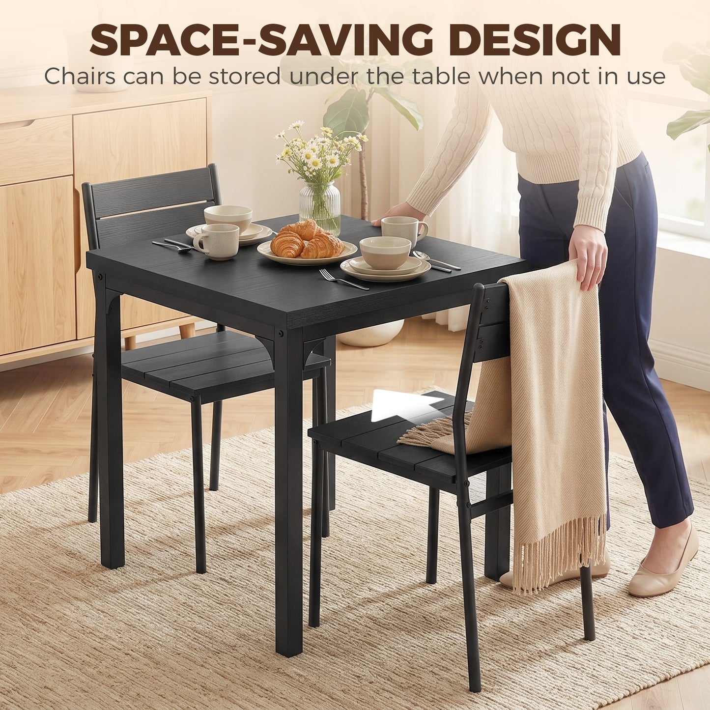 HOMCOM 3 Piece Space-Saving Kitchen Table and Chairs, Dining Table Set for 2 with Metal Legs, Black Wood Effect