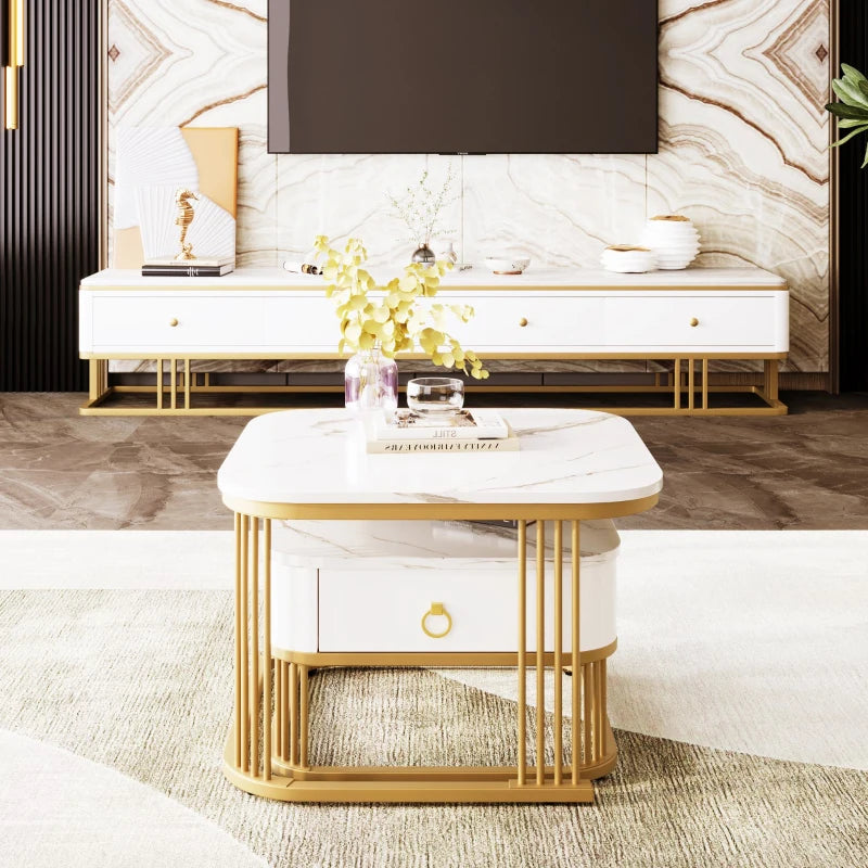 Nestable Coffee Table Set of Two with High Gloss Marble Top, Gold Accents, and Drawer, Perfect Side Tables for Living Room, 60x60x45 cm + 50x50x34 cm, White