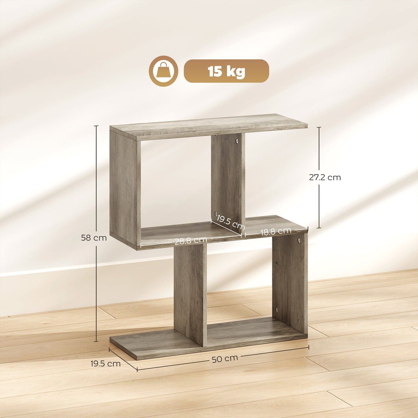 HOMCOM Side Table, Narrow End Table with Storage Shelves, S-Shaped, 3-Tier, 50W x 19.5D x 58H cm, Grey