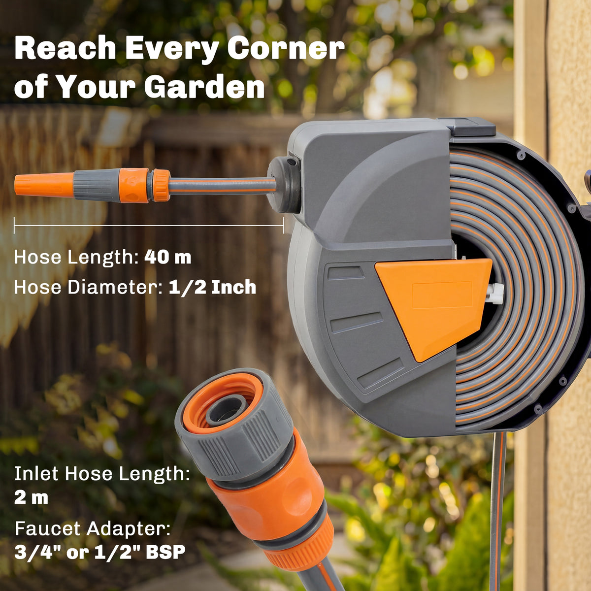 Outsunny Retractable Hose Reel Wall Mounted, 40+2m Garden Hose Pipe Reel with Auto Retraction, Self-Locking, Orange