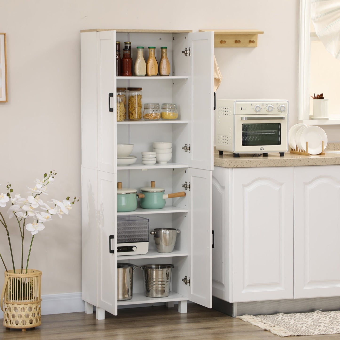 HOMCOM Freestanding Kitchen Cupboard, 4-Door Storage Cabinet Organizer with Adjustable Shelves White