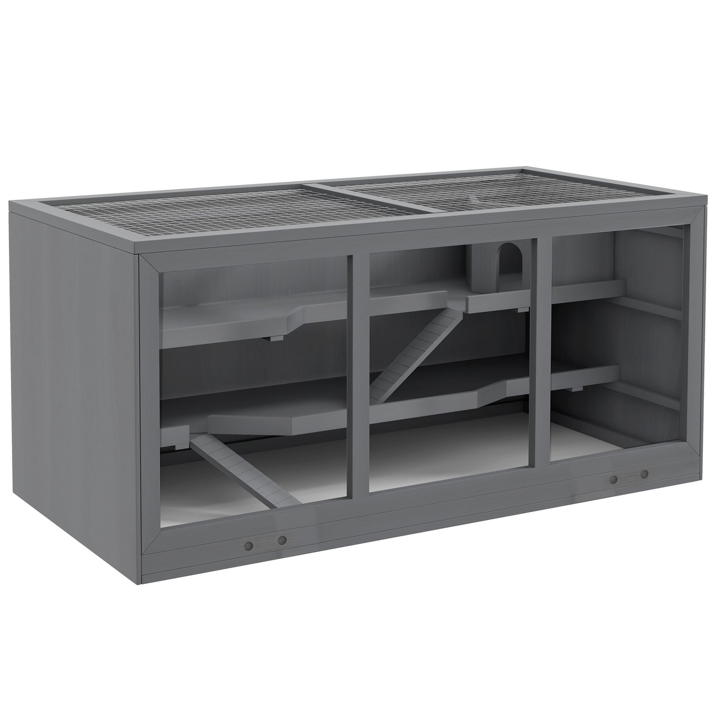 PawHut Wooden Hamster Cage, Small Animals Hutch with Tray, Openable Top, Exercise Play House Pen, 115L x 57W x 55Hcm, Grey
