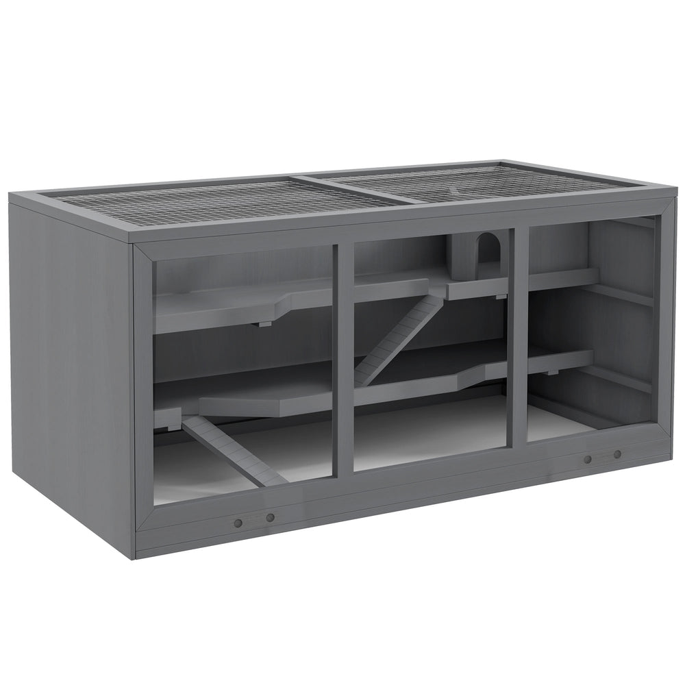 PawHut Wooden Hamster Cage, Small Animals Hutch with Tray, Openable Top, Exercise Play House Pen, 115L x 57W x 55Hcm, Grey