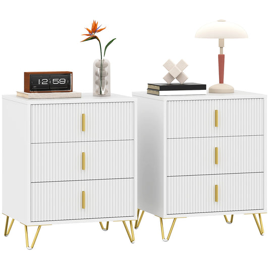 HOMCOM Set of 2 Elegant Chest of Three Drawers - White/Gold-Tone