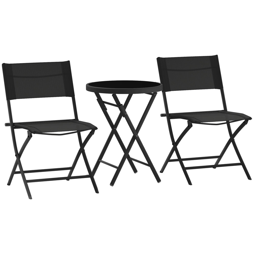 Outsunny 3 Pieces Outdoor Bistro Set, Glass Top Outdoor Table and 2 Folding Chairs with Protecting Feet, Black