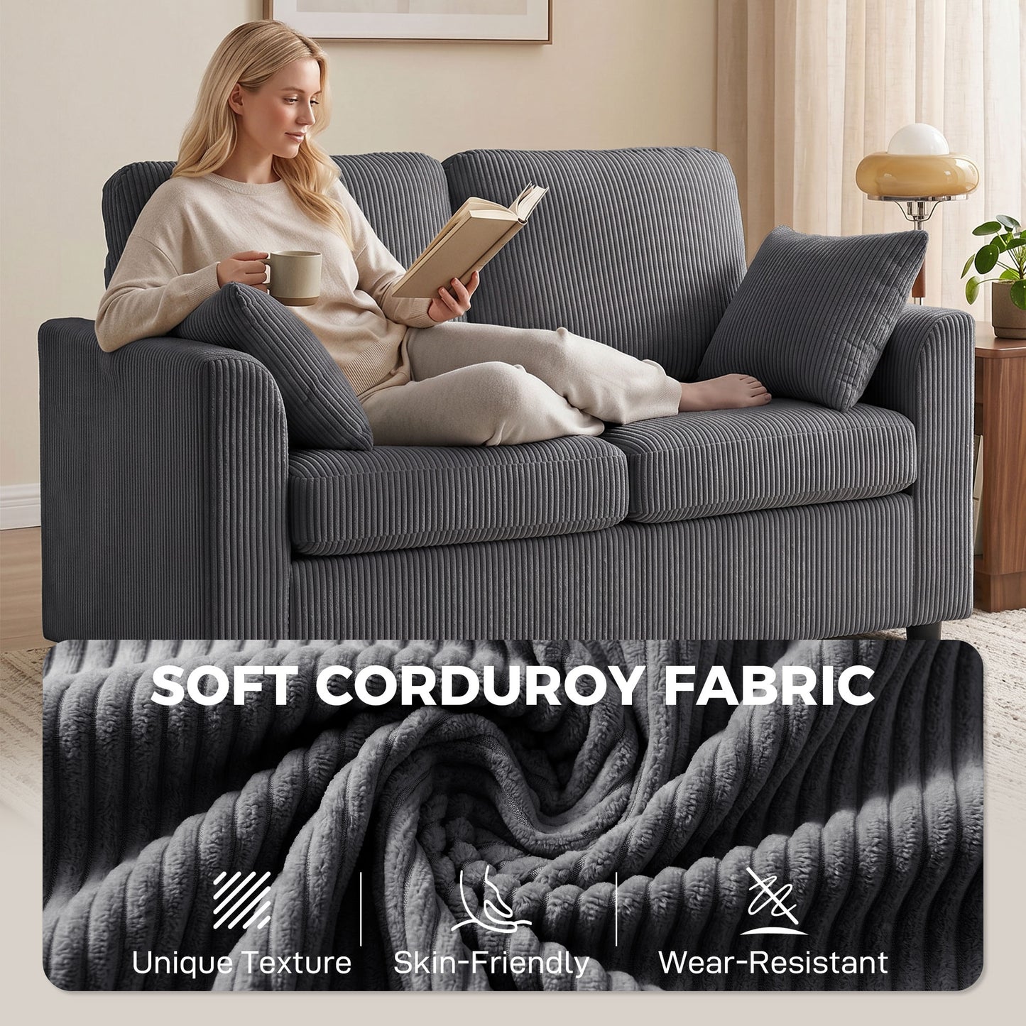 HOMCOM 2 Seater Sofa, Corduroy Small Couch with Spring Cushion, Wide and Deep Seat, Dark Grey
