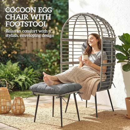 Outsunny Garden Egg Chair with Footstool, Rattan Indoor Outdoor Lounge Chair and Ottoman Set with Thick Cushions, Light Grey