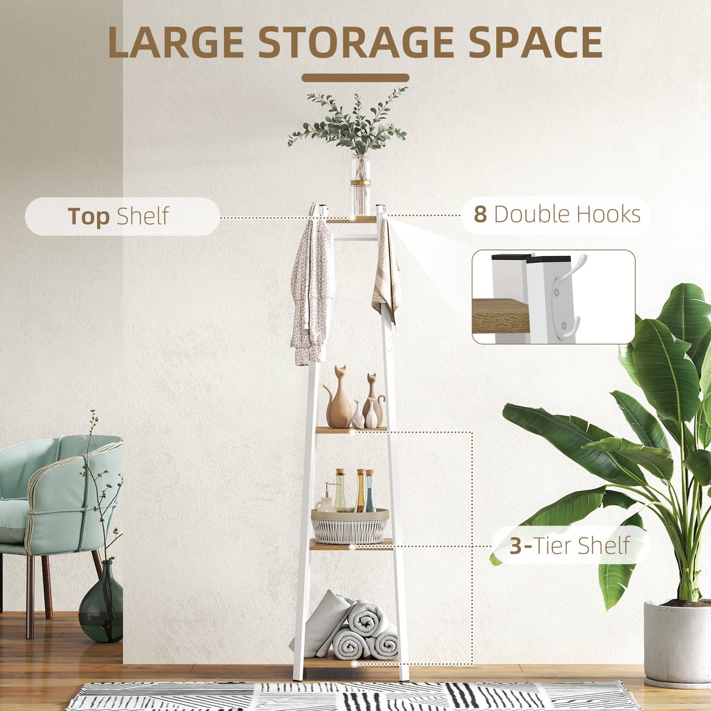 HOMCOM Compact Freestanding Coat Rack - White/Oak