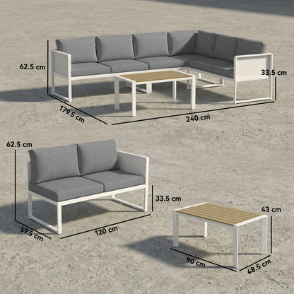 Outsunny 6 Seater Metal Garden Furniture Corner Sofa Set with 3 Loveseats, Faux Wood Table, Texteline Seat, Cushions, White