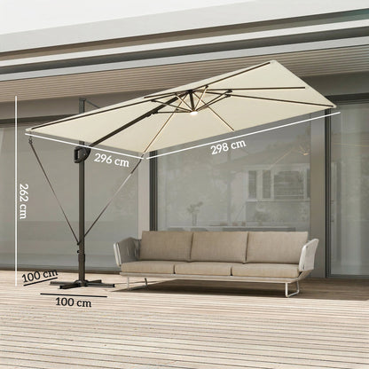 Outsunny 3 x 3 m Garden Cantilever Parasol w/ Light, Cover, UPF50+ Patio Umbrella w/ Wind Protection, 360 degrees Rotation, Cream White