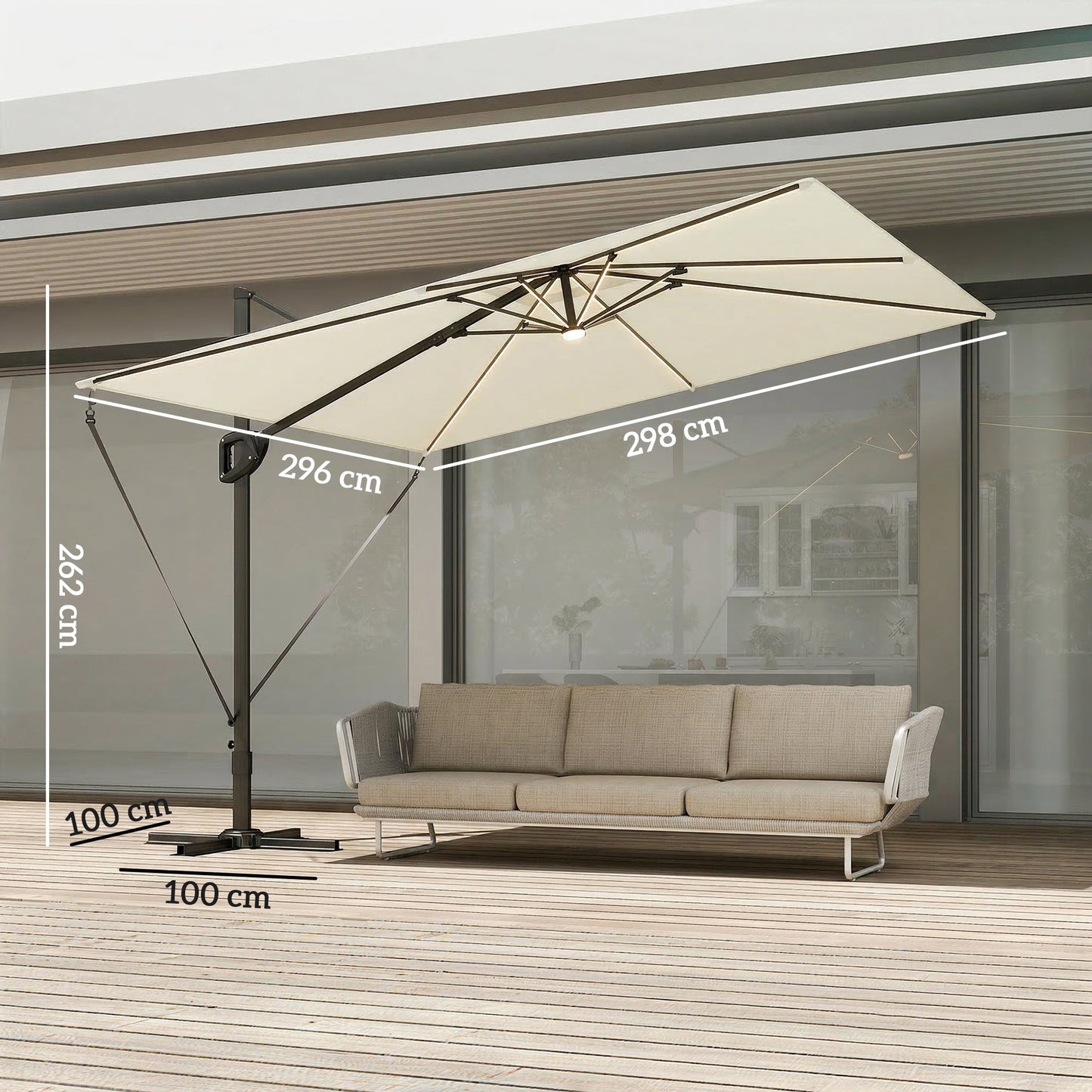 Outsunny 3 x 3 m Garden Cantilever Parasol w/ Light, Cover, UPF50+ Patio Umbrella w/ Wind Protection, 360Â° Rotation, Cream White