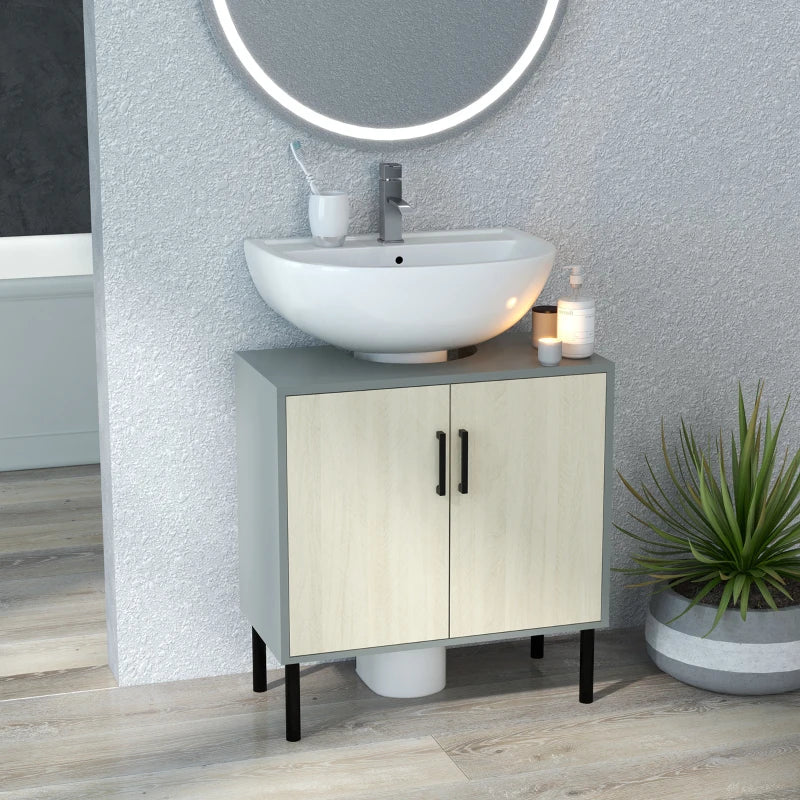 kleankin Pedestal Under Sink Cabinet with Double Doors, Modern Bathroom Vanity Storage Unit with Shelves, White