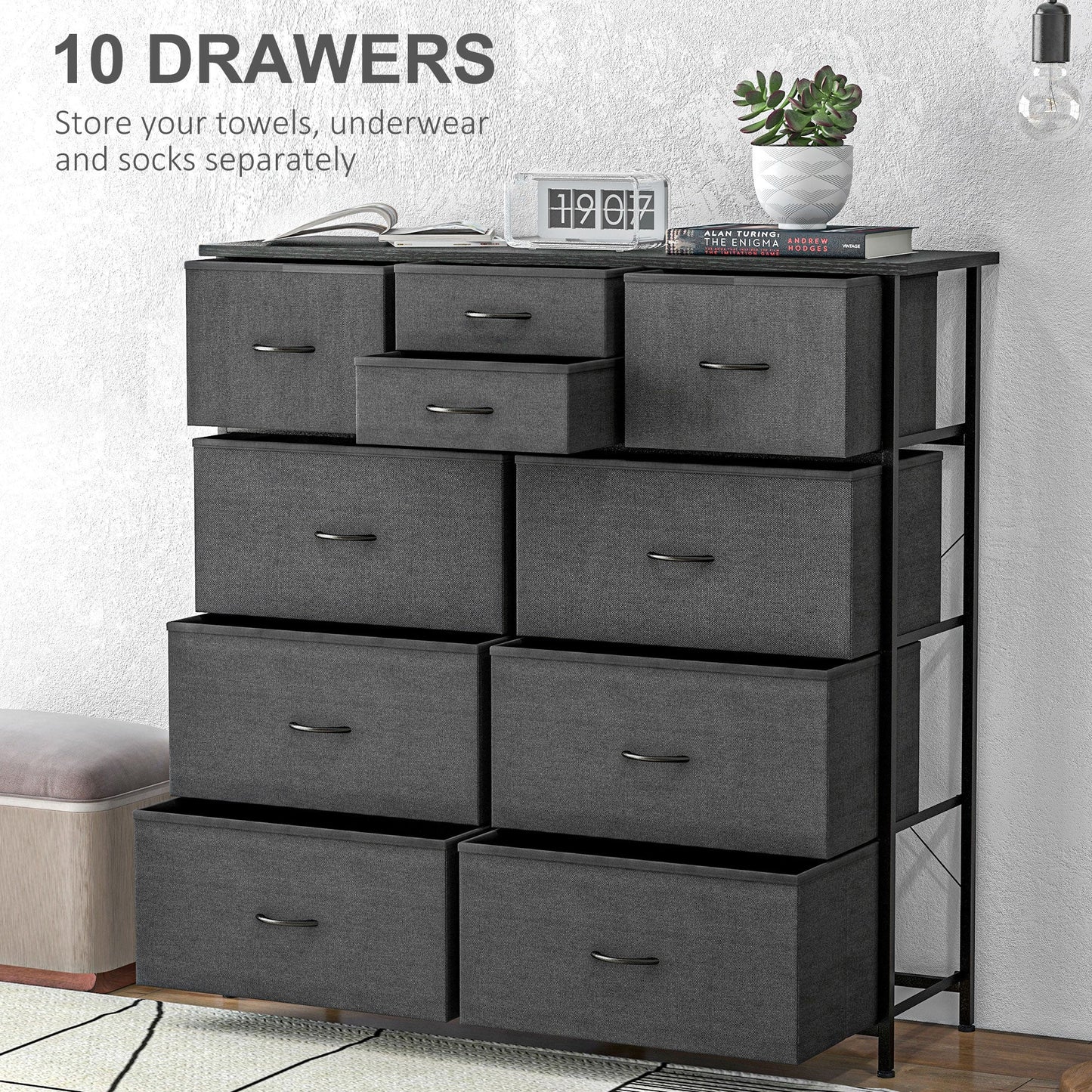 HOMCOM Bedroom Chest of Drawers, 10 Drawer Dresser with Foldable Fabric Drawers and Steel Frame, Black