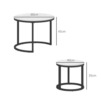 HOMCOM Glass Coffee Table Set of 2, Round Nest of Tables with Marble-Effect Tempered Glass Tabletop and Steel Frame, Modern Side Tables for Living Room, White