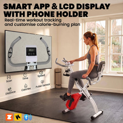 SPORTNOW 4-In-1 Folding Exercise Bike with Resistance Bands, Bluetooth App, 8-Level Magnetic Resistance, LCD Display, Orange