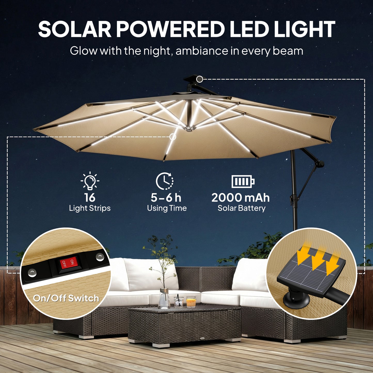 Outsunny 3 m Garden Cantilever Parasol with LED Solar Light, Round Overhanging Umbrella with 360Â° Rotation, Cover, Khaki