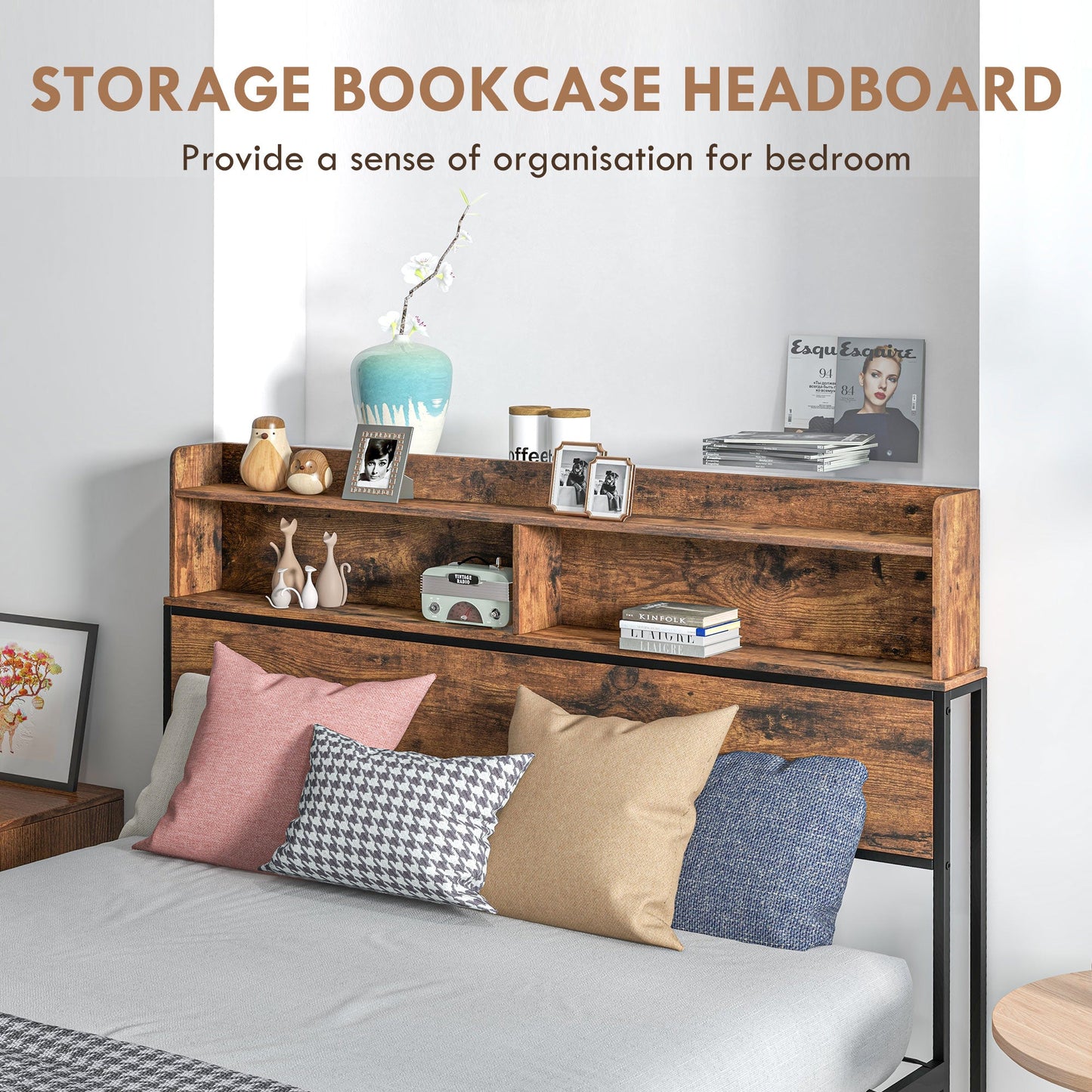 HOMCOM Industrial Double Bed Frame, 4.6FT Steel Bed Base with Storage Headboard, Footboard, Slatted Support and Under Bed Storage, 141 x 207cm, Rustic Brown