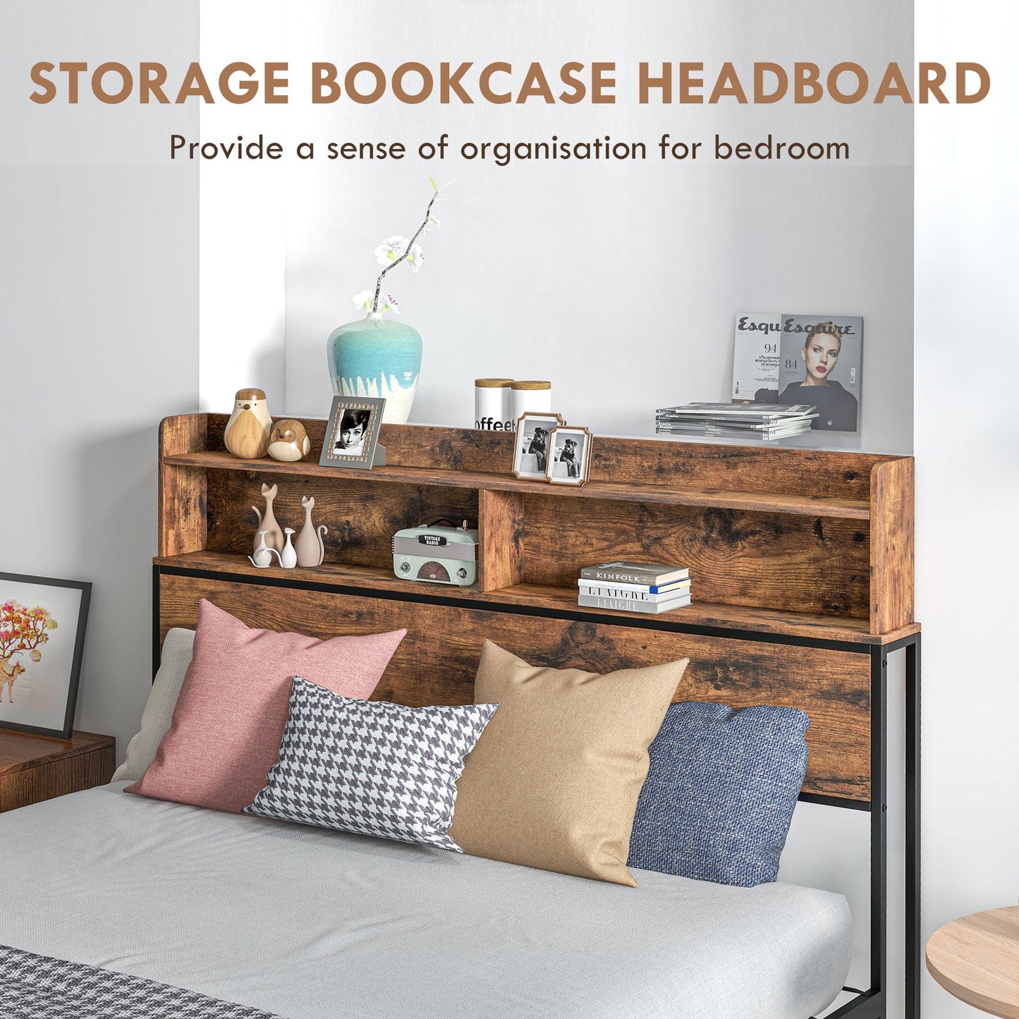 HOMCOM Industrial Double Bed Frame, 4.6FT Steel Bed Base with Storage Headboard, Footboard, Slatted Support and Under Bed Storage, 141 x 207cm, Rustic Brown