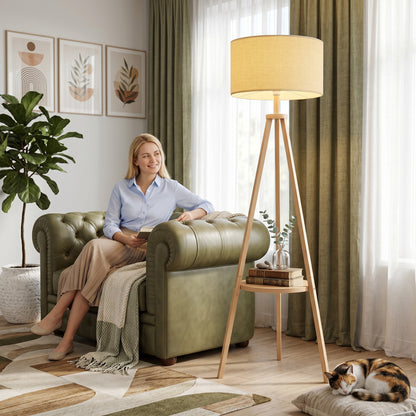 HOMCOM Bedside Light, Tripod Floor Lamp with Storage Shelf and Linen Shade for Living Room, 160cm, Natural Wood Colour
