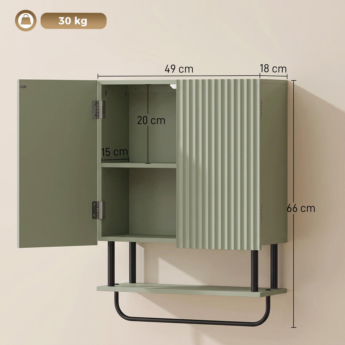 HOMCOM Bathroom Wall Cabinet Modern Space Saver Wall Mounted Cabinet Doors Storage Green